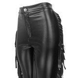 High waist stretch tight fringe leather pants