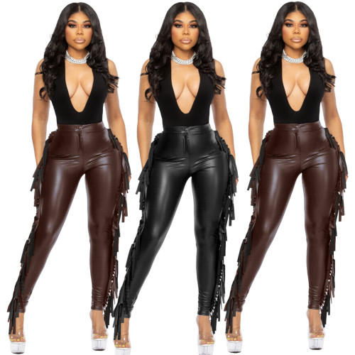 High waist stretch tight fringe leather pants