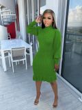 Solid color high neck ruffle handmade knitted dress