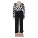 Plus size women's printed V-neck flared sleeve casual waist-skimming jumpsuit