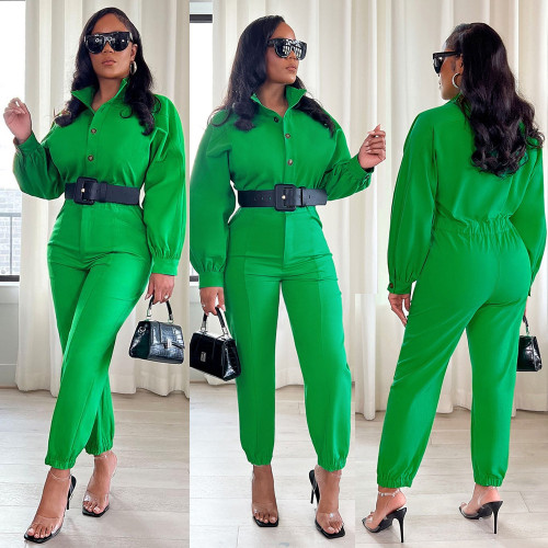 Solid color fashion button work pants casual lapel jumpsuit (waistband not included)