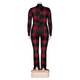 Plus Size Women's Fashion Print Long Sleeve Slim Casual Flared Open Jumpsuit