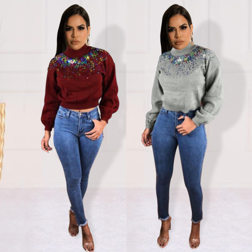 Street hipster solid color sequins fashion trendy tops high collar padded sweatshirt