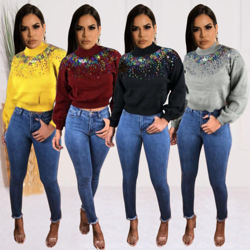 Street hipster solid color sequins fashion trendy tops high collar padded sweatshirt