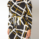 Plus size women's fashion plaid stripes printed long-sleeved two-piece straight pants set
