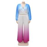 Plus size women's new gradient stitching V-neck casual two-piece suit