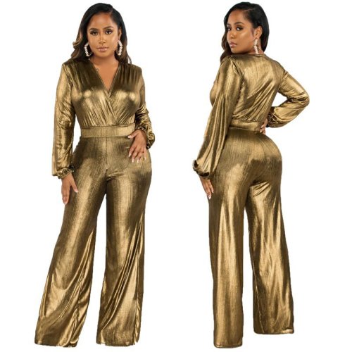 Sexy V-neck high elasticity hot gold and silver women's jumpsuit