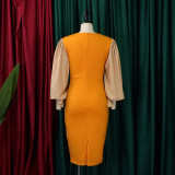Long-sleeved strappy color blocking temperament commuter dress