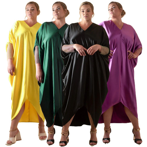Women's solid color patchwork grid V-neck dress