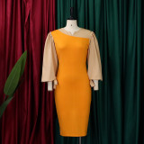 Long-sleeved strappy color blocking temperament commuter dress