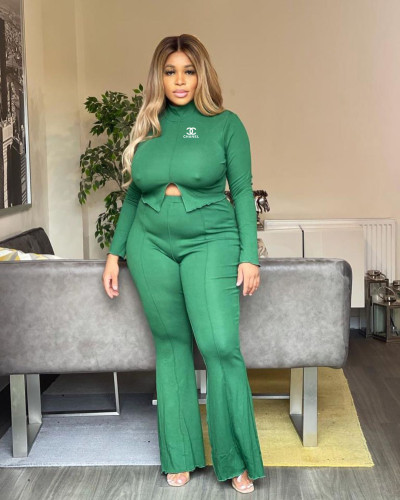 Plus size women's tops high neck open flared pants two-piece set
