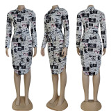 Autumn and winter thick section fashion long-sleeved printed shirt dress (including belt)
