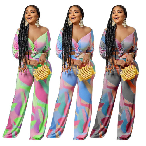 V-neck colorful print fashion casual suit