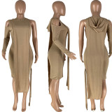Solid color single shoulder asymmetric pit striped hooded undershirt dress two-piece set