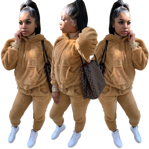 Double-sided plush thickened warm hooded solid color casual two-piece suit