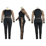 Plus size long two-piece autumn and winter round neck fashion sexy leopard print suit two-piece