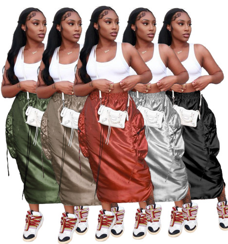 Solid color reflective elastic waist large pockets loose step skirt