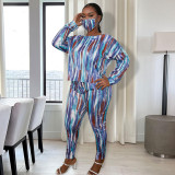 Plus size women's loose fashion casual tie-dye print with mask three sets