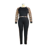 Plus size long two-piece autumn and winter round neck fashion sexy leopard print suit two-piece
