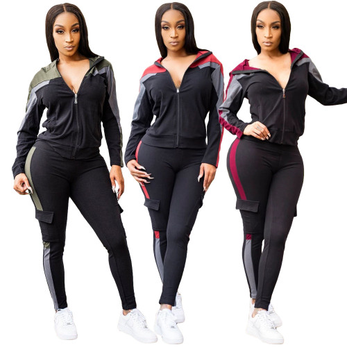 Fashion casual solid color splicing sports suit