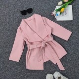 Girls' fashion big lapel lace-up medium-length jacket tweed coat