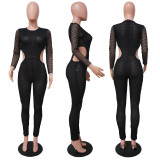 Jumpsuit feminine sense see-through check print patchwork tights