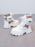 New round head with side zipper plaid Martin boots female large size leather short boots
