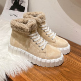 New thick-soled mid-top lace-up cotton boots female warm hair mouth sports snow boots