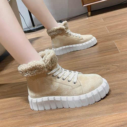 New thick-soled mid-top lace-up cotton boots female warm hair mouth sports snow boots