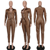 Solid color winter PU leather long-sleeved jumpsuit