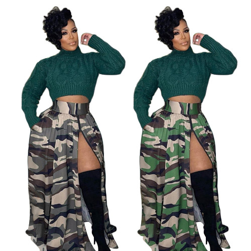 Casual camouflage print zipper open elastic waist half skirt