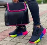 Thick bottom lace-up knitted sneakers female large size rainbow stretch casual wind single shoes