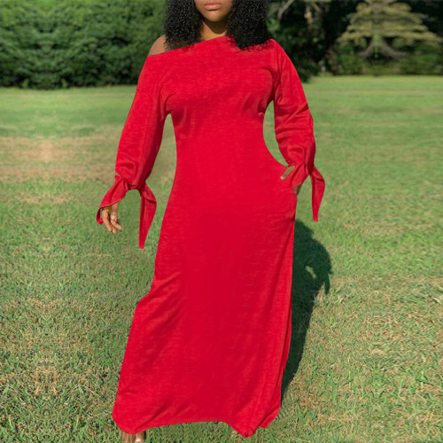 Solid color long sleeve cuff knotted dress long dress with pockets on both sides