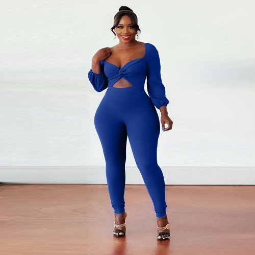 Plus size women's fall and winter models sexy solid color jumpsuit