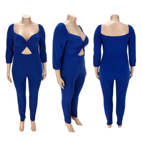 Plus size women's fall and winter models sexy solid color jumpsuit