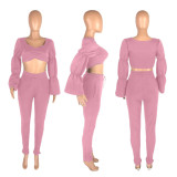 Sexy fashion solid color flared sleeve suit two-piece