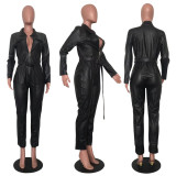 Autumn and winter PU leather long-sleeved jumpsuit