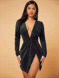 Solid color long sleeve pleated high split dress