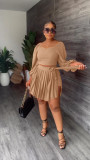 Bubble sleeve open top pleated skirt straps set two-piece