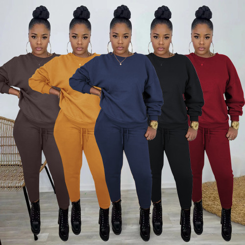 Thick solid color casual sweater two-piece suit