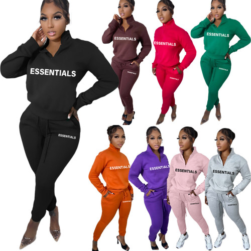 Printed letters plus fleece pullover zipper casual sports suit