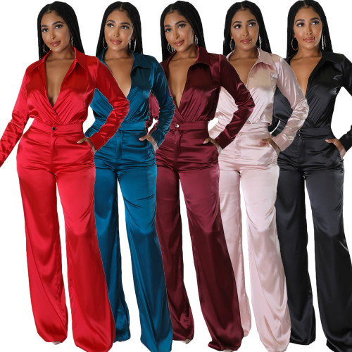 Solid color glossy long sleeve wide leg women's suit