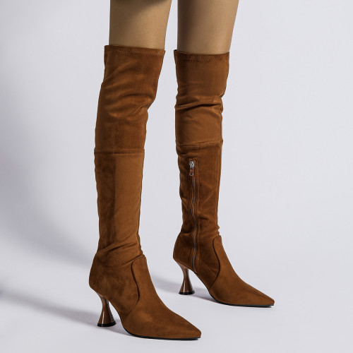 Long over-the-knee pointed toe rear lace-up high heel stretch boots