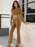 Sexy fashion ladies hot gold flare pants two-piece suit