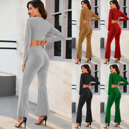 Sexy fashion ladies hot gold flare pants two-piece suit