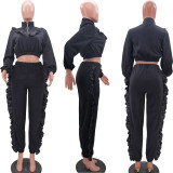 Solid color zipper wooden ear edge fashion casual sports two-piece suit