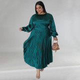 Autumn and winter burst pressed pleated round neck long dresses long sleeve green
