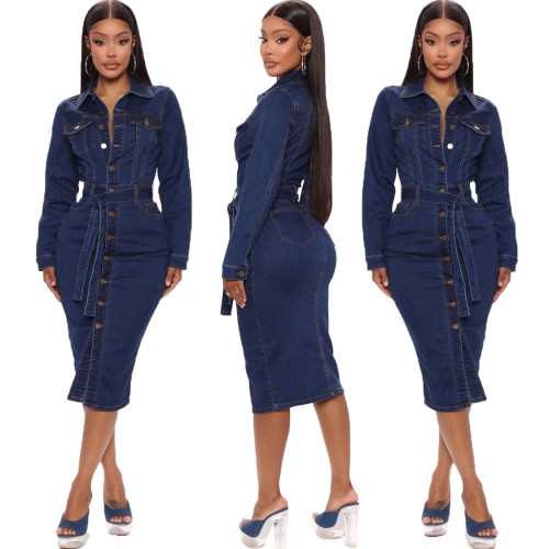 Cowboy long-sleeved slim and thin mid-length single-breasted jacket sexy women's dresses