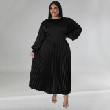 Autumn and winter burst pressed pleated round neck long dresses long sleeve green