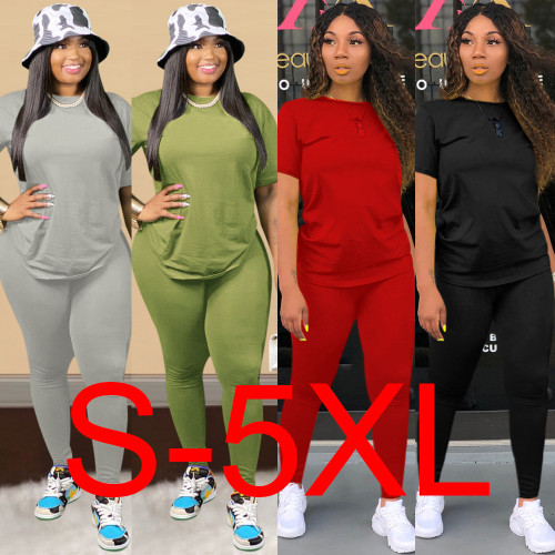 Plus size women's sexy casual fashion solid color round neck two-piece nightclothes